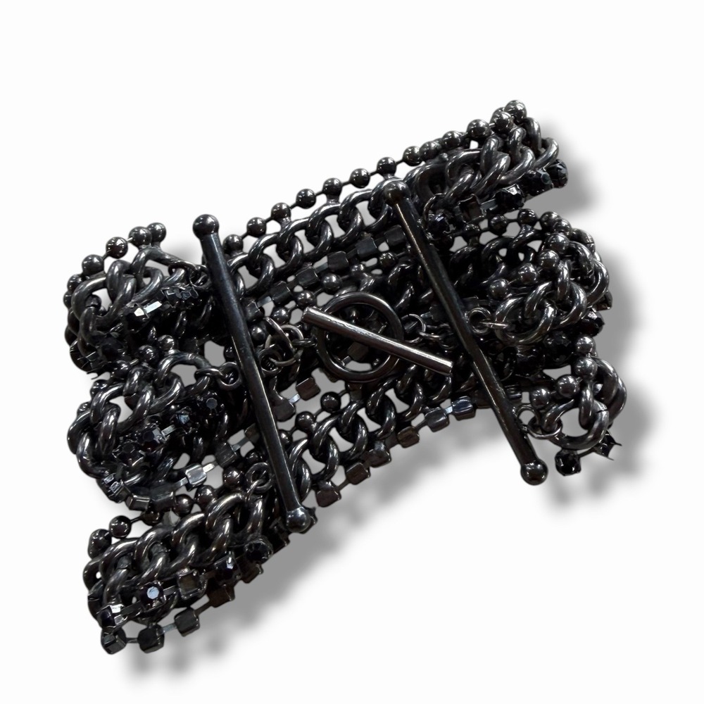 Chicos Gunmetal MultiStrand Chain Bracelet Black Rhinestone Toggle Statement Y2K
